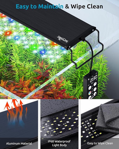 SEAOURA LED Aquarium Light, 24/7 Custom Timer, Power-Off Memory,7-Row LED 12-18in Full Spectrum Fish Tank Light, 8 Colors, 20 Brightness, Day&Night Cycle, Adjustable Mount for Freshwater Plant Growth