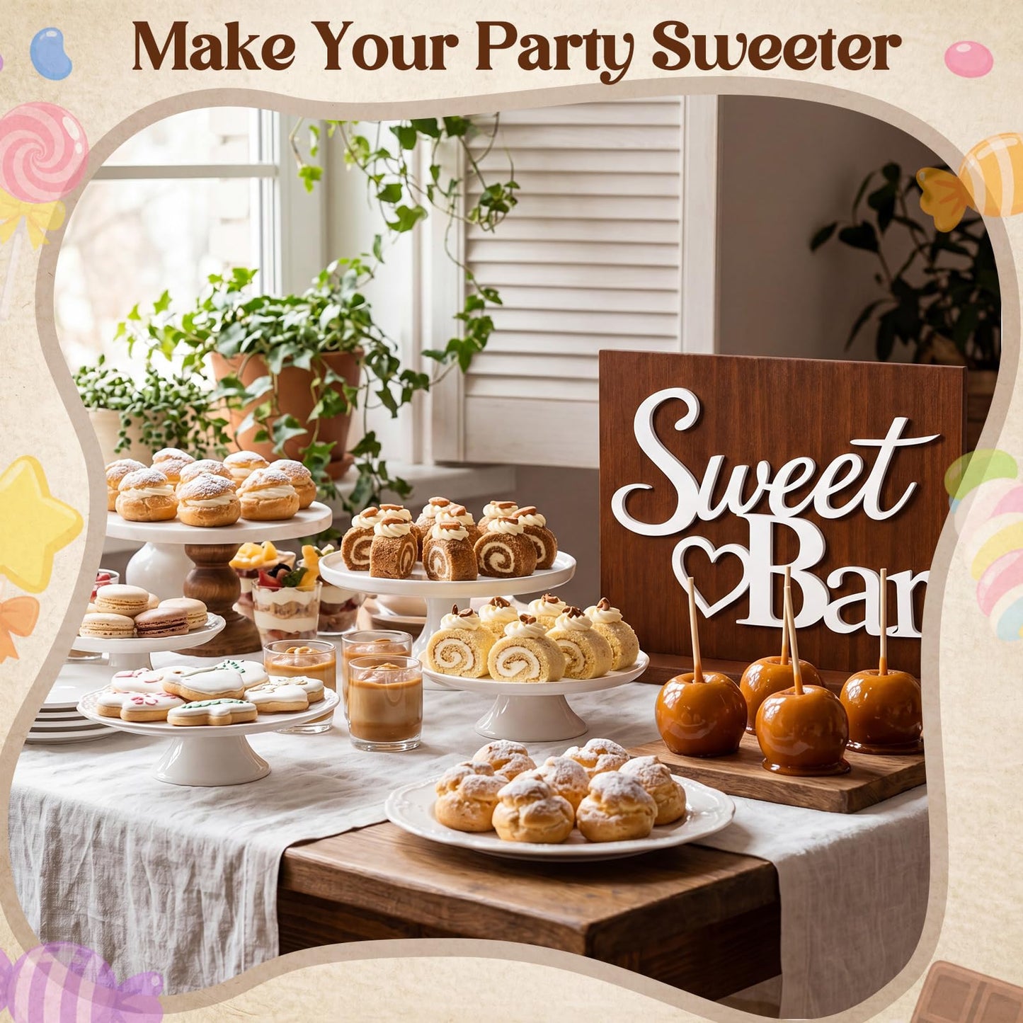 Novabright Sweet Bar Wooden Sign with Rustic Wood Backboard & Stable Base, Freestanding Sweet Candy Bar Dessert Table Decor, Centerpiece with Stand for Wedding, Birthday, Bridal Shower & Party