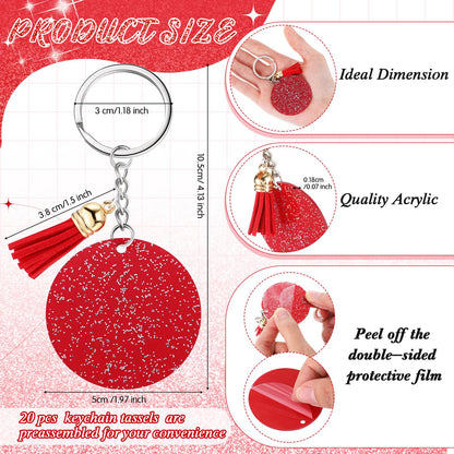 Sureio 20 Set Acrylic Keychain Blank with Key Rings 20 Pcs 1.97'' Glitter Acrylic Blanks 20 Pcs Keychain Tassels for DIY (Red,Glittery)