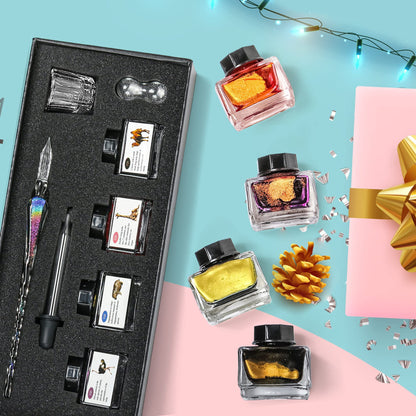 ESSSHOP Handmade Glass Dip Pen and Ink Set - 15ml Color Inks Pen Holder Cleaning Cup Ink Drip Tool Crystal Signature Dipped Pen Kit for Art Writing Calligraphy Christmas Day Gifts