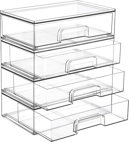 Vtopmart 12.1''W Clear Stackable Storage Drawers,4 Pack Acrylic Plastic Organizers Bins for Makeup Palettes, Cosmetics, and Beauty Supplies,Ideal for Vanity, Bathroom,Cabinet,Desk Organization