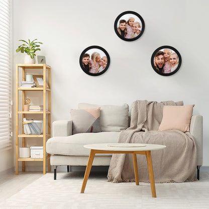 3Pcs Round Picture Frame 8 Inch – Black Wooden Circular Frames for Art, Photo, Canvas, Wall Decor, Tabletop Display or Hanging Mounting Set for Home, Office, Kitchen, Gallery, Wedding Table Holder