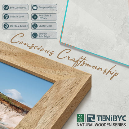 TENIBYC 5x7 Picture Frame 4 Pack, Natural Wood Photo Frame, HD Tempered Glass, Table Display or Wall Hanging