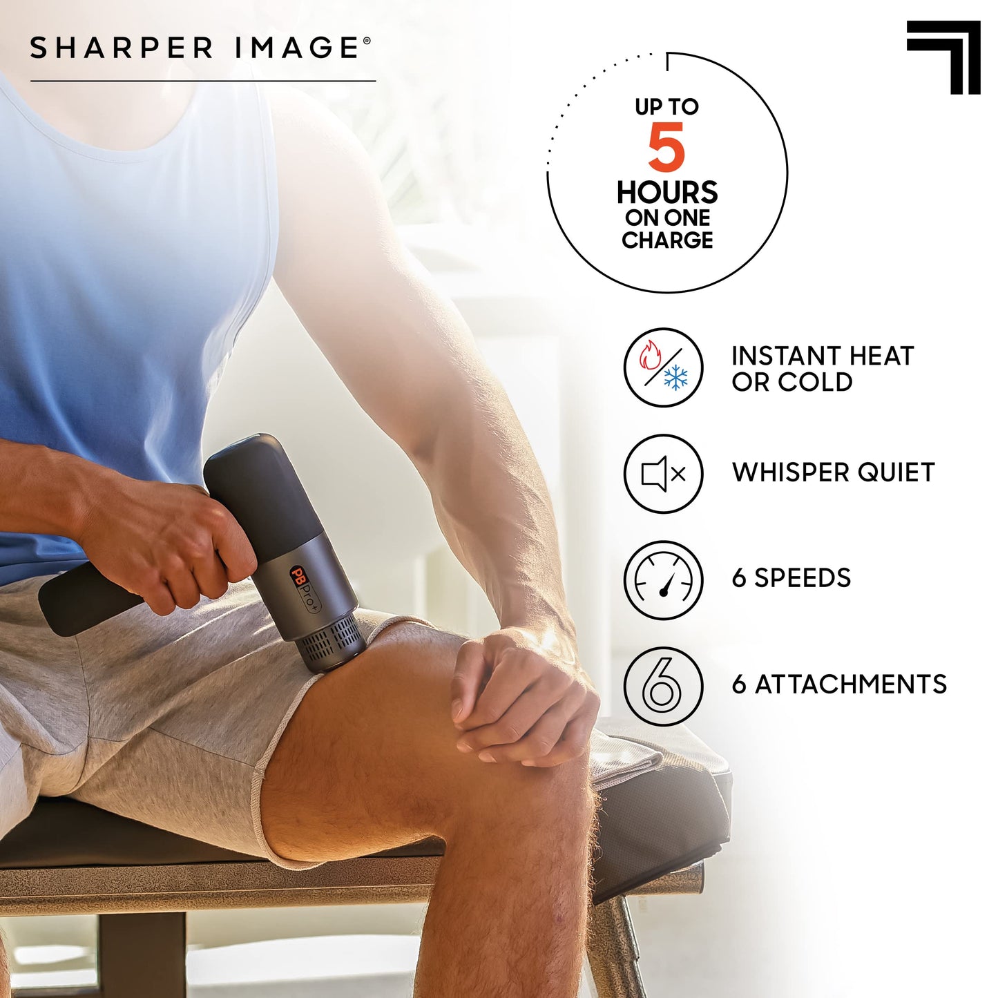 Sharper Image® Powerboost® Pro+ Hot & Cold Deep Tissue Massage Gun - 6 Speeds, 6 Attachments, 5-Hour Battery, Travel Case, Charging Base, Shoulder & Back Massager, Pain Relief Tool, FSA Eligible
