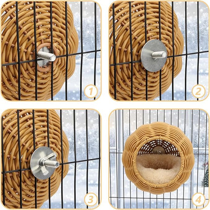 Hypeety Rattan Steel Frame Bird Nest for Cage Chewproof Parakeet Nest House Small Bird Bed Hammock with Removable Soft Plush Cushion for Small Parrots Budgies Canaries Cockatiels Finches Lovebirds