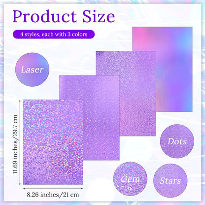 Kifmurase 120 Sheets Metallic Holographic Card Stock, Shiny Glitter Card Stock, Glitter Iridescent Mirror Paper 11.7 x 8.3'', 250GSM 12 Mixed Colors Foil Paper for Scrapbook, Cards Making, Crafts