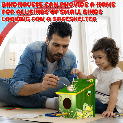 Humyoun 2 Pack Large Wood Bird Houses with Painting Kits for Outside with Pole Wooden Bird House for Finch Bluebird Cardinals Hanging Birdhouse Clearance Garden Country Cottages
