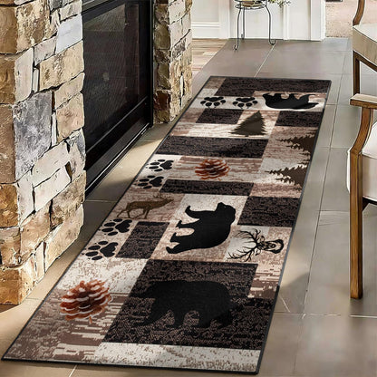 Puyosvr Rustic Lodge Runner Rug,2x7ft,Western Country Bear Elk Deer Wildlife Log Design,Forest Landscape Hunting Theme Rug,with Non Slip Backing Washable Rugs, Non Slip Pet Friendly Rug for Hallway