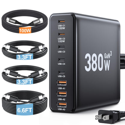 380W USB C Charger Block,with 4 USB Cables 8-Port USB C Charging Station Dual 100W Laptop Charger Fast Charger Type C Charging Block for MacBook Pro, Dell XPS, iPhone, iPad, Tablet (Bright Black)