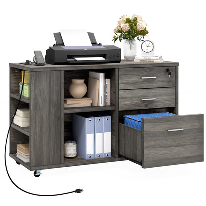 DWVO File Cabinet with Charging Station, 3 Drawer Mobile Filing Cabinet with Lock, Printer Stand with Open Storage Shelf for Home Office, Grey