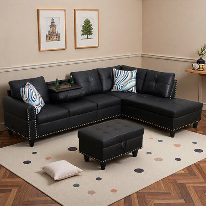 Trygoal L-Shaped Sectional Sofa with Movable Chaise & Storage Ottoman, Leather 3-Piece Modular Convertible Couches for Living Room, Apartment & Office, Black