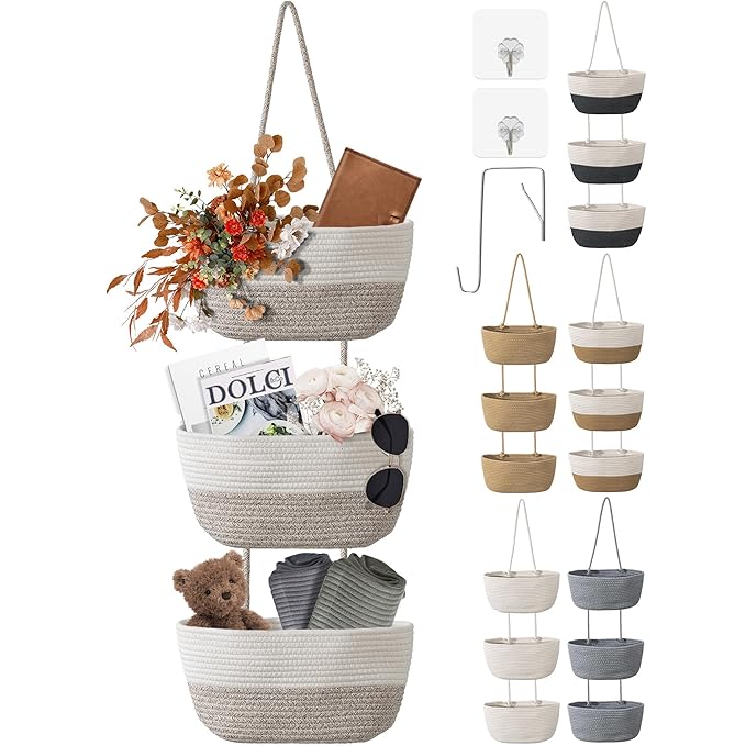 3 Tier Wall Mounted Woven Hanging Basket, Over the Door Hanging Basket