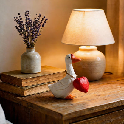 Hand Carved Wooden Goose Figurine with Red Heart - 4 Inch Cute Animal Statue for Home Decor, Shelf, Nightstand - Unique Valentine’s Day for Her, Wife, Girlfriend - Rustic Accent