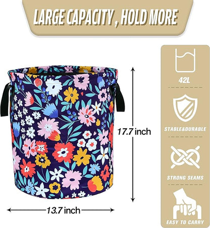 Folk Floral Art Laundry Basket Beautiful Flowers Foldable Oxford Cloth Funny