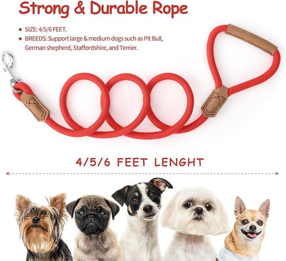 Mile High Life Leather Dog Leash, Heavy Duty Strong Genuine Leather Handle Rope Leash Soft and Comfortable for Small Medium Large Dogs (Red, 72 Inch)