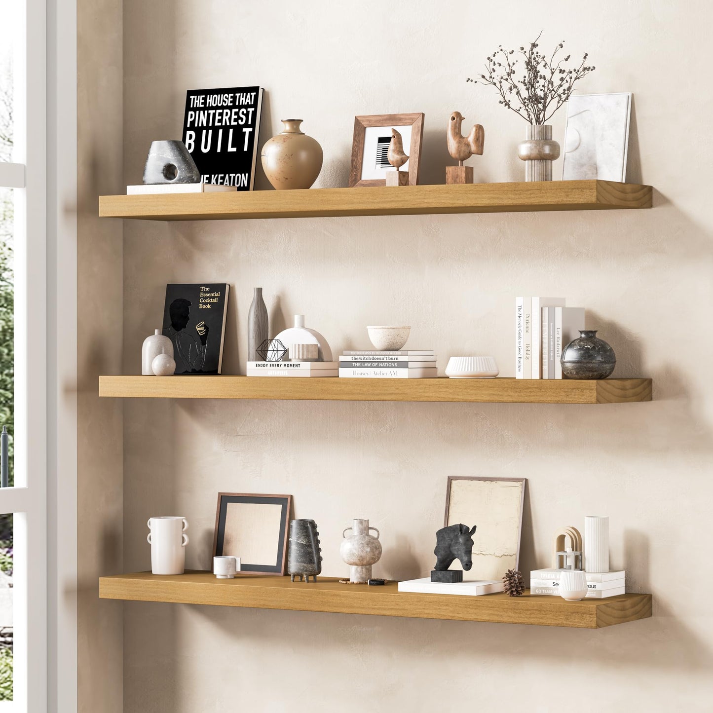 Fun Memories Solid Wood Floating Shelves for Wall, Set of 2 – 16 Inch Rustic Farmhouse Wall Shelf, Deep Natural Wood Storage Shelf for Kitchen, Living Room, Bedroom – Golden Oak