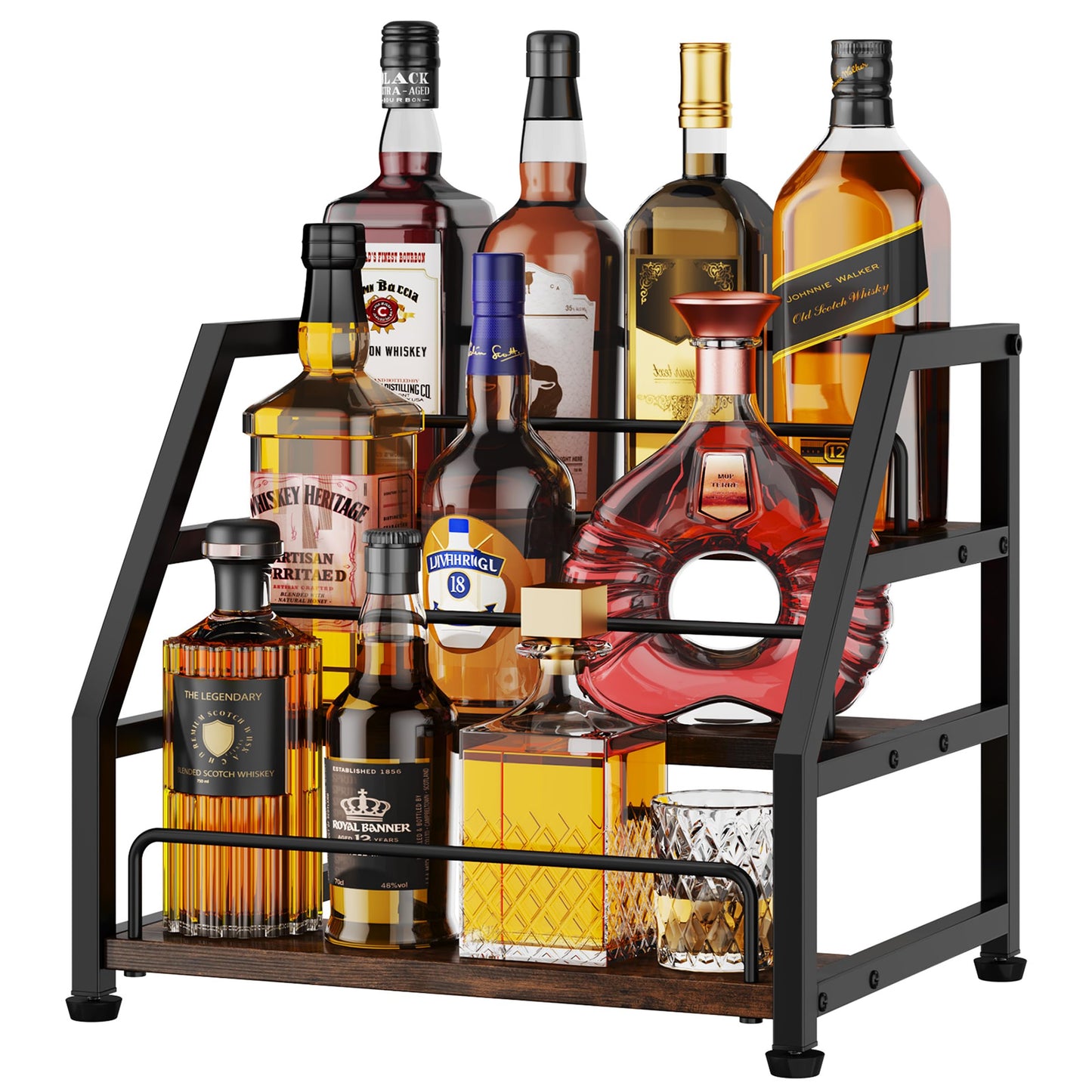 HapiRm Liquor Bottle Display Shelf - 3-Tier Stepped Liquor Cabinet Bar with Protective Fence, Countertop Wine Rack for Home