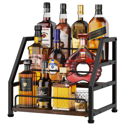 HapiRm Liquor Bottle Display Shelf - 3-Tier Stepped Liquor Cabinet Bar with Protective Fence, Countertop Wine Rack for Home