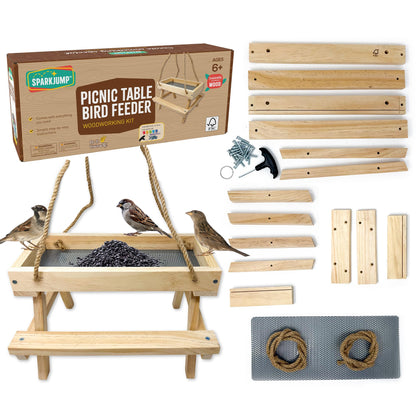 SparkJump Picnic Table Bird Feeder Kit, DIY Woodworking Project for Kids and Families, Complete Tools and Paint Set, FSC-Certified Sustainable Wood, Backyard Nature Activity, Ages 6+