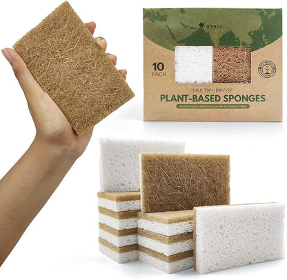 AIRNEX Biodegradable Natural Kitchen Sponges Pack of 6 - Cellulose and Coconut Walnut Scrubber Sponge - Eco Friendly Sponges for Dishes