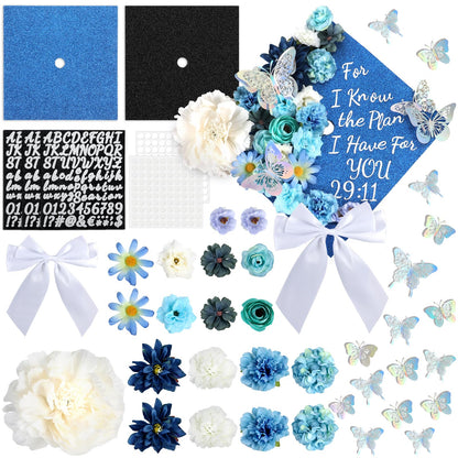 Naozinebi 55 Pcs Blue DIY Graduation Cap Decorations Faux Assorted Flowers blue Bows 3D Butterfly Stickers Glitter Alphabet Letter Number Decals for DIY Hat Grad Cap Topper Graduation Party Supplies