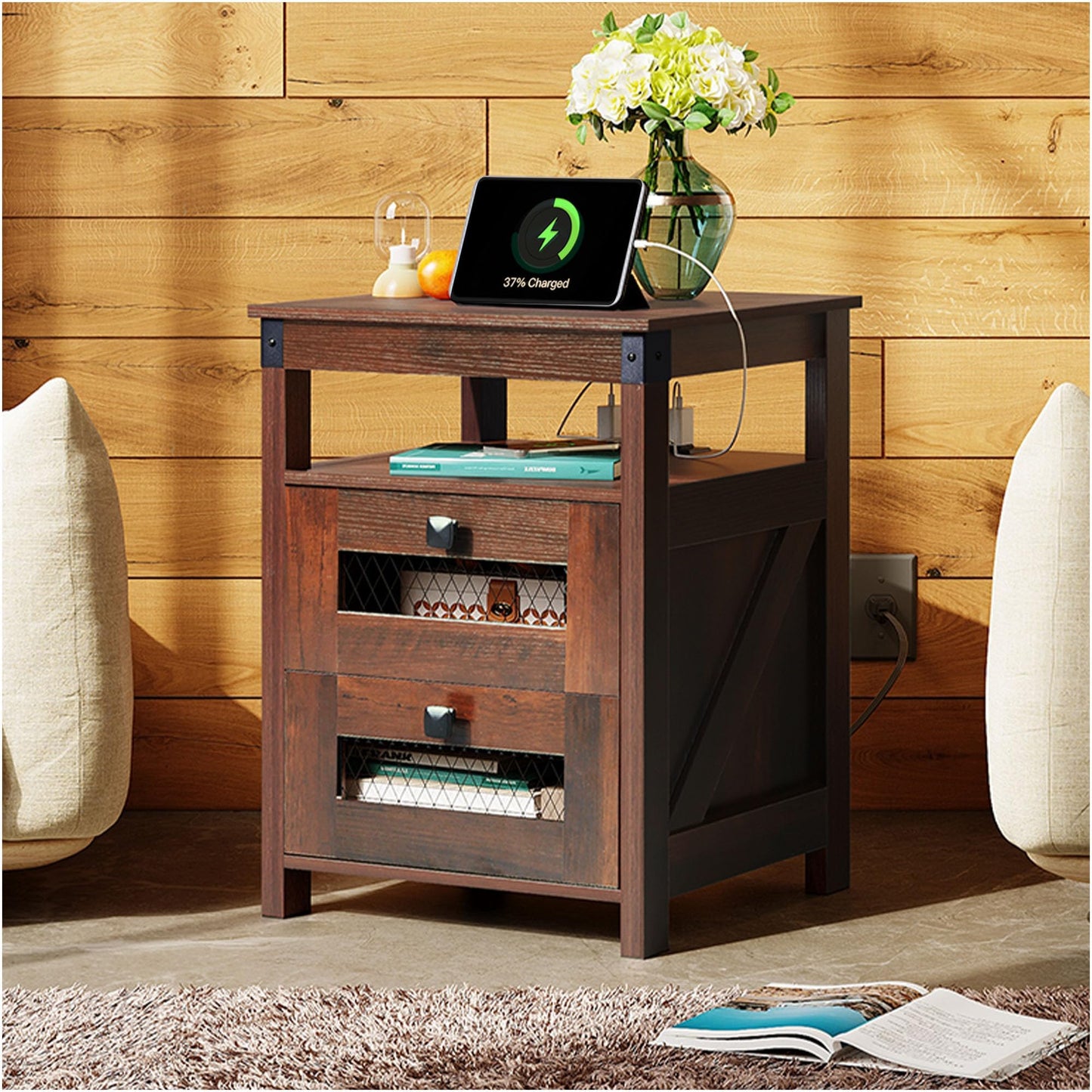 WLIVE Nightstand with Charging Station, Farmhouse End Table, Bed Side Table with 2 Storage Drawers and Open Shelf, Wood Rustic Nightstands for Bedroom, Espresso