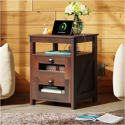 WLIVE Nightstand with Charging Station, Farmhouse End Table, Bed Side Table with 2 Storage Drawers and Open Shelf, Wood Rustic Nightstands for Bedroom, Espresso