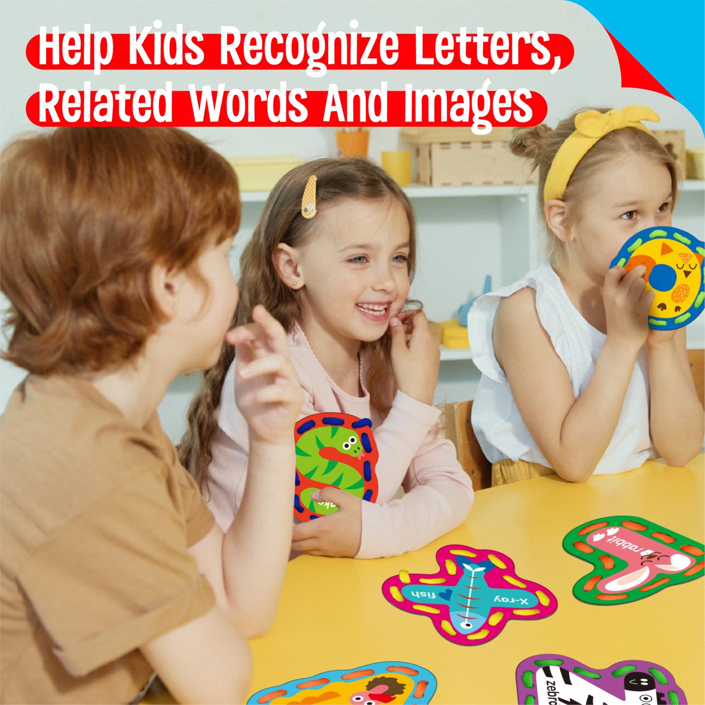 SpriteGru 26PCS Alphabet Lacing Cards, Lowercase Letters Sewing Kit with 26 Double-Sided Cards and 26 Colorful Laces Alphabet Learning Toy Motor Skills Art Crafts for Toddlers, Kids, Students