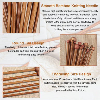 Aeelike 18 Pairs Bamboo Knitting Needles Set - 10 Inches Wooden Knitting Needles Single Point with Roll Bag - Portable Knittings Needle Set for Beginners (2mm - 10mm)