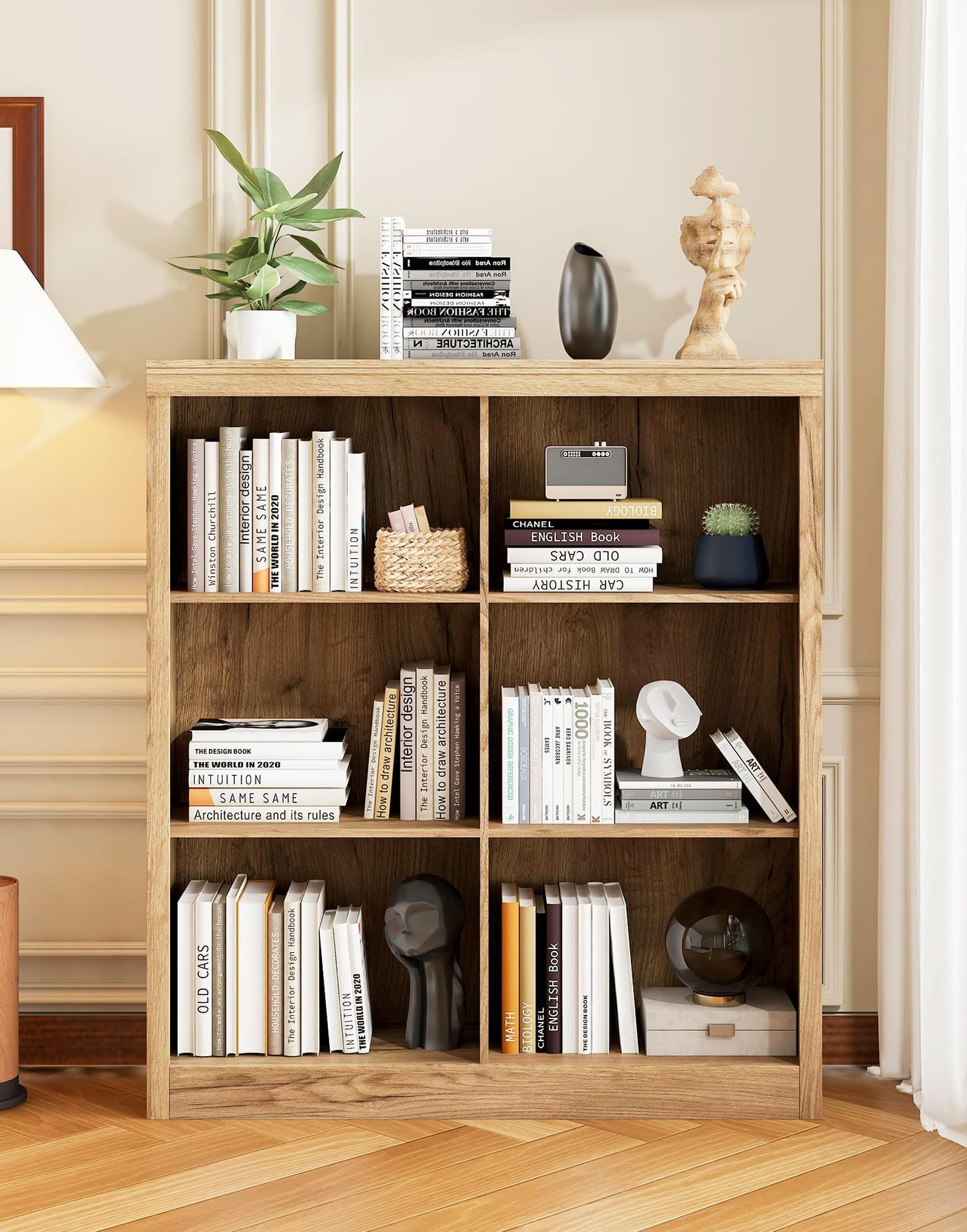 6-Cube Storage Organizer Bookshelf, Farmhouse Wooden Bookcase with Open Shelves, Horizontal Standing Display Cabinet for Home Office, Living Room and Bedroom