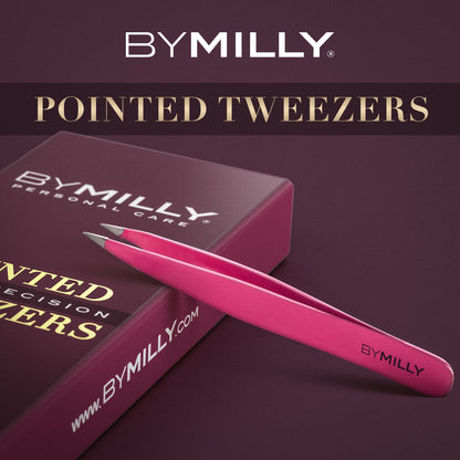 By MILLY Pointed Tweezers | High Carbon Stainless Steel Needle Nose | Fine Point Precision Hair Removal | Perfectly Aligned & Hand-Filed Sharp | Pink