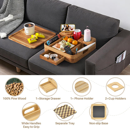 Couch Cup Holder, Couch Tray Cup Holder Sofa Tray, Acacia Wood Large Capacity 2-Tier Wooden Trays with Drawer for Sofa, Bed, Picnic, Drinks, Snacks, Remote, Cell Phone 12.5 * 12.5 in