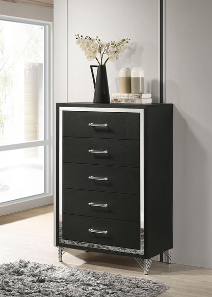Coaster Home Furnishings - Lucia - Wood & Metal - 5-Drawer Chest with Chrome Trim, Hairpin Legs and Bar Pulls - Modern Classic - Bedroom - Black - 224995