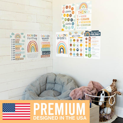 Hadley Designs 8 Calming Corner Posters for Classroom Must Haves - Calm Down Corner Supplies with Emotions Chart, School Counselor Mental Health Poster, Feelings Chart For Kids, Boho Classroom Decor