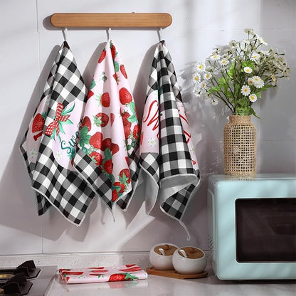 Bencailor 4 Pcs Strawberry Kitchen Towels Spring Berry Hand Dish Towels