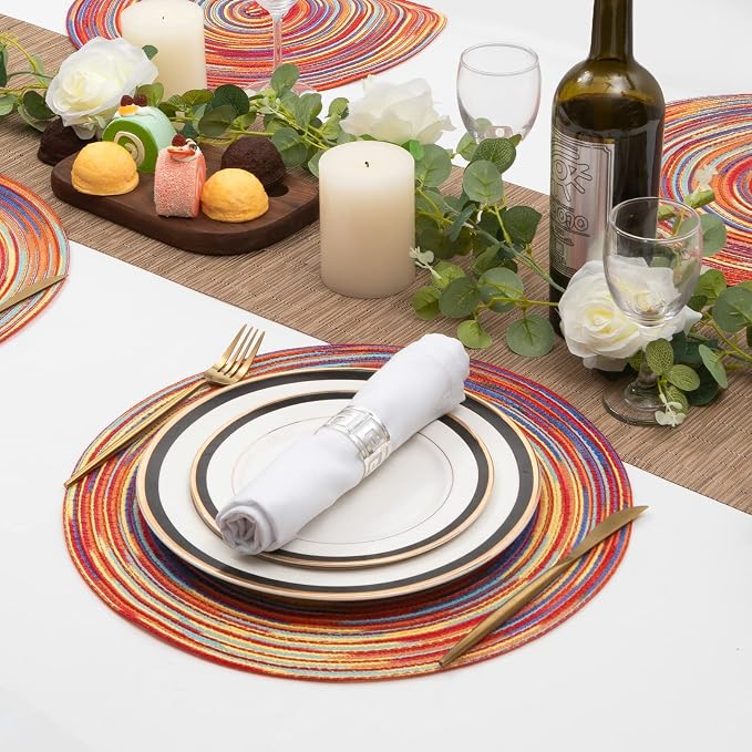 SHACOS Round Braided Placemats Set of 8 Washable 15 inch Round Table Mats Colorful Variegated Woven Place Mats for Dining Table (Rainbow Red, 8)