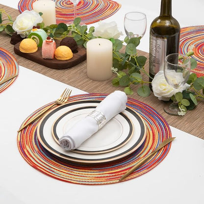 SHACOS Round Braided Placemats Set of 6 Table Mats Colorful Place Mats for Dining Tables Holiday Party Decor (Rainbow Red, 6)