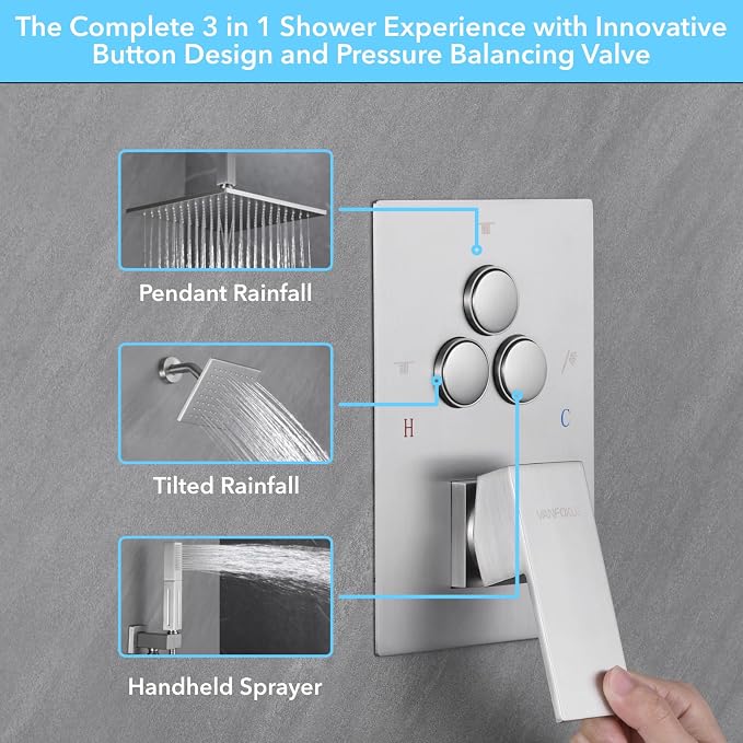 VANFOXLE Shower Faucet Set Brushed Nickel Shower System, Push Button Diverter Shower Faucet with Trim Kit, Ceiling Mount 10 Inch Shower Head Increased Thick, 6 Inch Side Shower Head, 2-in-1 Handheld