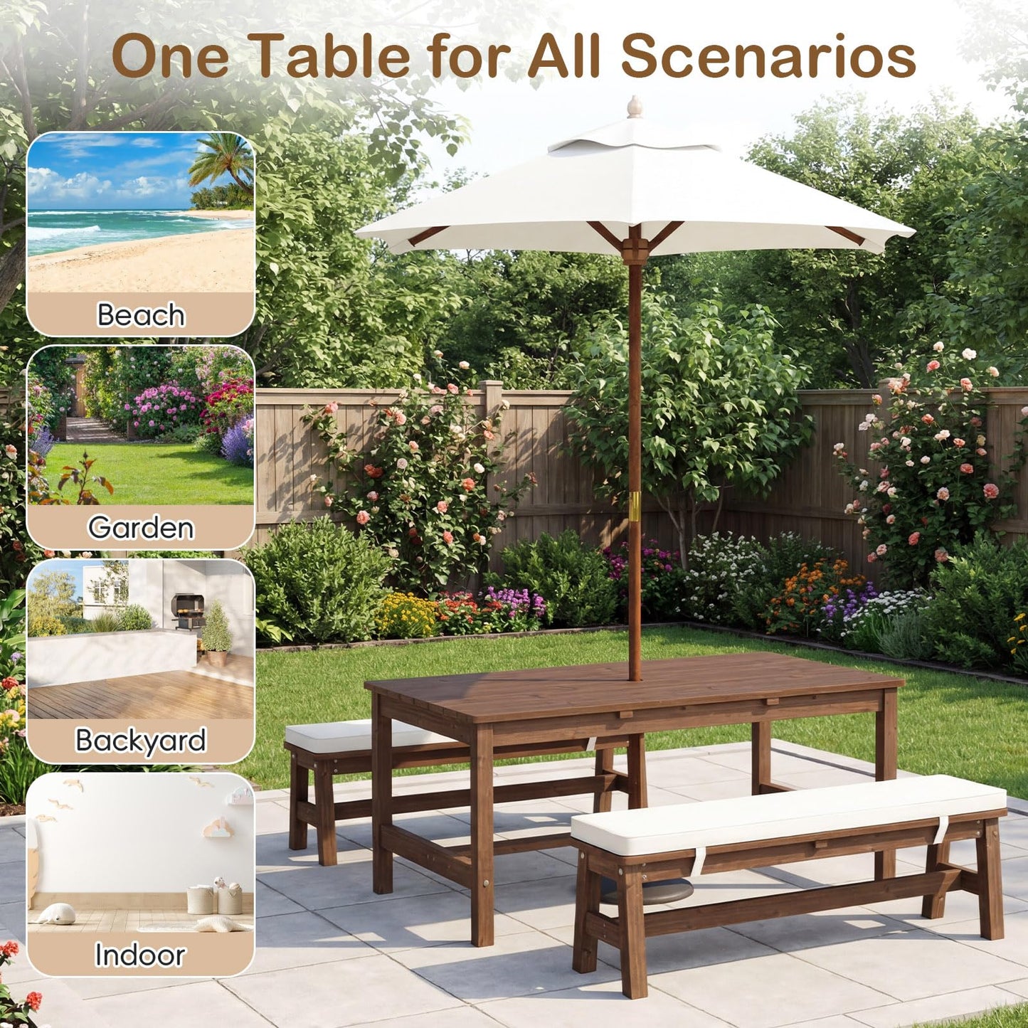 Olakids Kids Picnic Table, Outdoor Wooden Bench Set with Removable Cushions Adjustable Foldable Umbrella, Toddler Backyard Furniture for Patio Garden