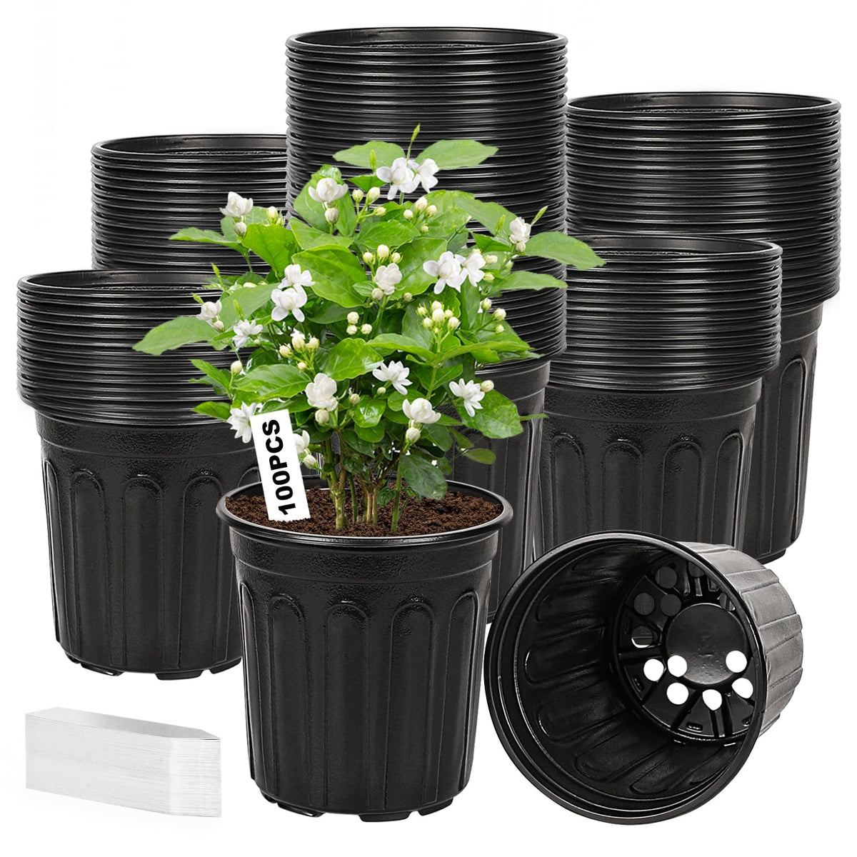 Hemikaki 100-Pack 1 Gallon Nursery Pots, Thickened Pots for Plants with Drainage Holes, Large Plastic Flower Pots for Seedlings, Succulents, Transplanting, Come with 100pcs Plant Labels