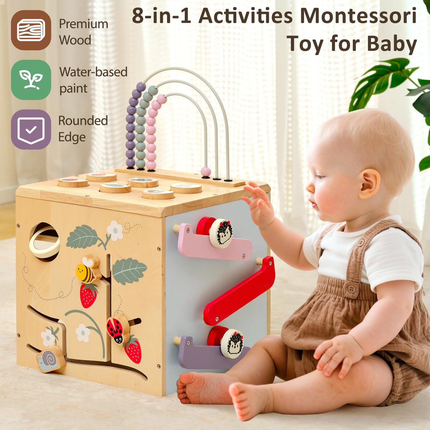 Pillowhale Wooden Activity Cube, Baby Montessori Toys for 1 Year Old