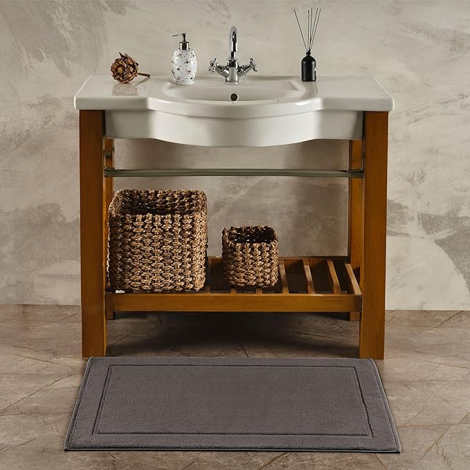 Hawmam Linen Cool Grey Bath Mats, 21 x 34 inches, Banded Design, Highly