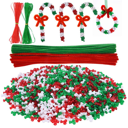 Livder Christmas Beads Wreath Cane Ornament Kit, 1500 Pieces Triangle Beads, 60 Pieces Chenille Stems, 64 Feet Ribbons for Xmas Craft House Tree Decorations