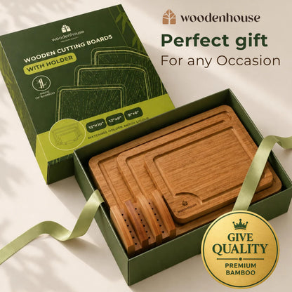 Wood Cutting Board Set of 3 - Sturdy & Easy to Clean Bamboo Wooden Cutting Boards for Kitchen - 3 Sizes of Chopping Board with Juice Grooves for Meal Prep, Everyday Use, Housewarming Gift