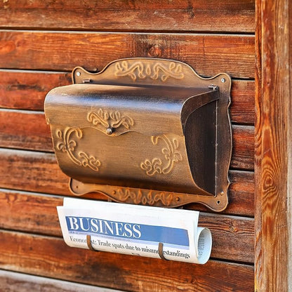 Wall Mount Mailbox with Newspaper Holder, Vintage Metal Wall Mailboxes for Outside, Decorative Front Porch Mail Box Mounted, Horizontal Mailbox with Antique Floral Design for Outdoor and House Garden