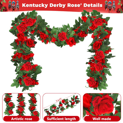 Kentucky Roses, 88.8FT Roses Derby Day Party Supplies Fake Vine Flowers Plants, Derby Day Rose Artificial Flower Hanging Indoor Rose Home Party Garden Craft Art Backdrop Decorations
