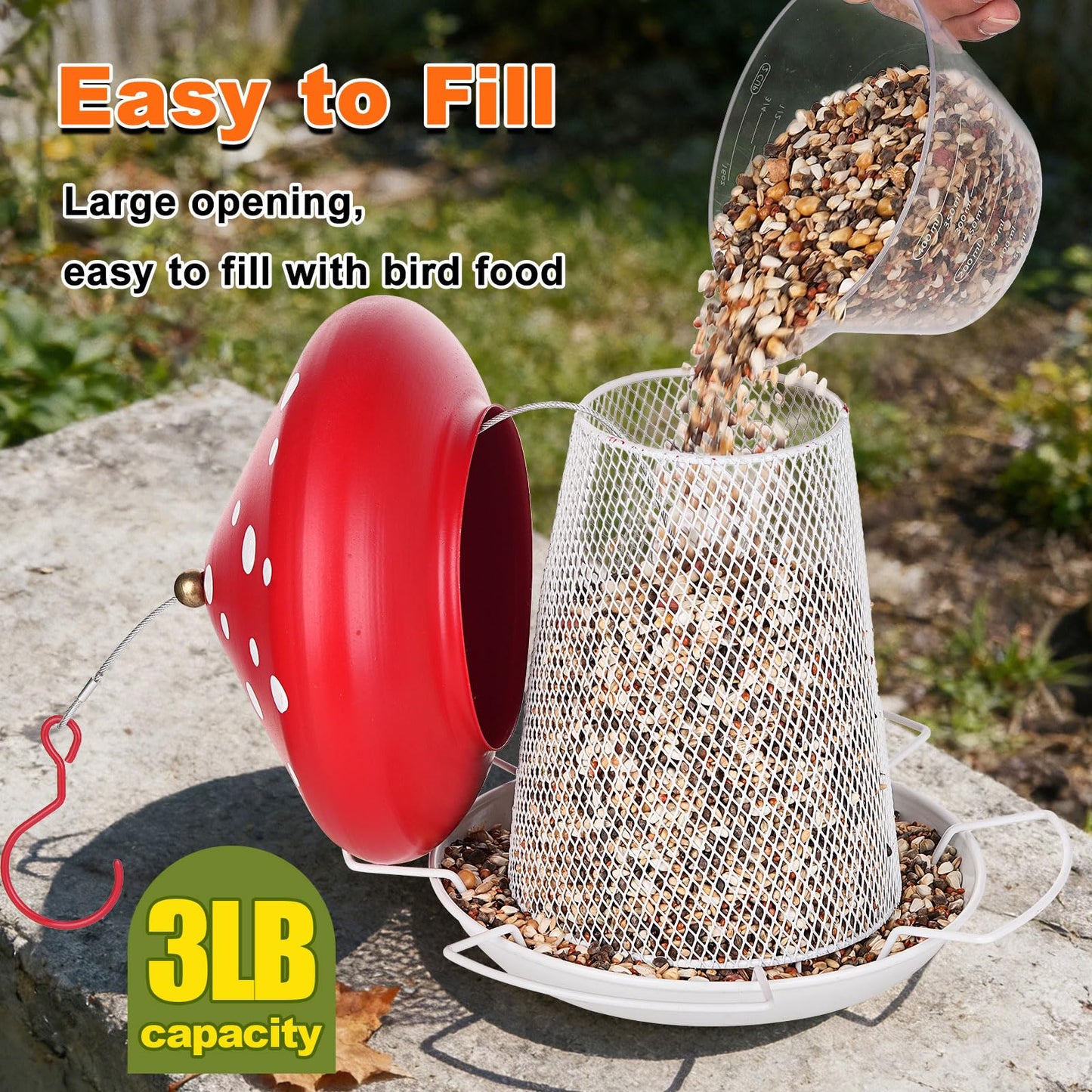 IWNTWY Bird Feeder, Heavy Duty Metal Bird Feeders for Outdoor Hanging, Cute Mushroom Shape Wild Birdfeeder for Outside Garden Yard (Red)