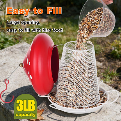IWNTWY Bird Feeder, Heavy Duty Metal Bird Feeders for Outdoor Hanging, Cute Mushroom Shape Wild Birdfeeder for Outside Garden Yard (Red)