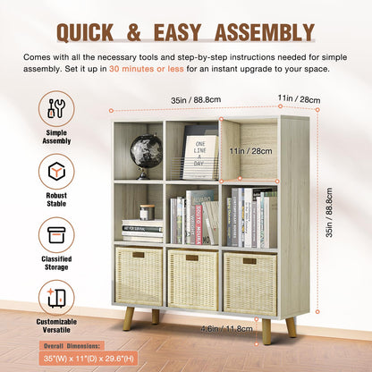 ELYUP 9-Cube Open Shelf Bookcase - 3-Tier Wooden Floor-Standing Bookshelf with Legs and Backpanel, Ideal for 11-inch Fabric Storage Bins and Miscellaneous Organizer, Oak