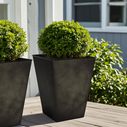 Worth Garden Large Metal Glazed Floor Planter Set of 2-14" Dia x 18" H - Luxurious Glossy Finish Black Tall Square Tapered Steel Plant Pots, Decor Flower Pot Indoor & Outdoor, Drainage Hole
